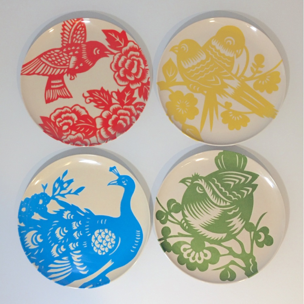 🦚 THOMAS PAUL Aviary Melamine Dinner Plates, set of 4 — VGUC